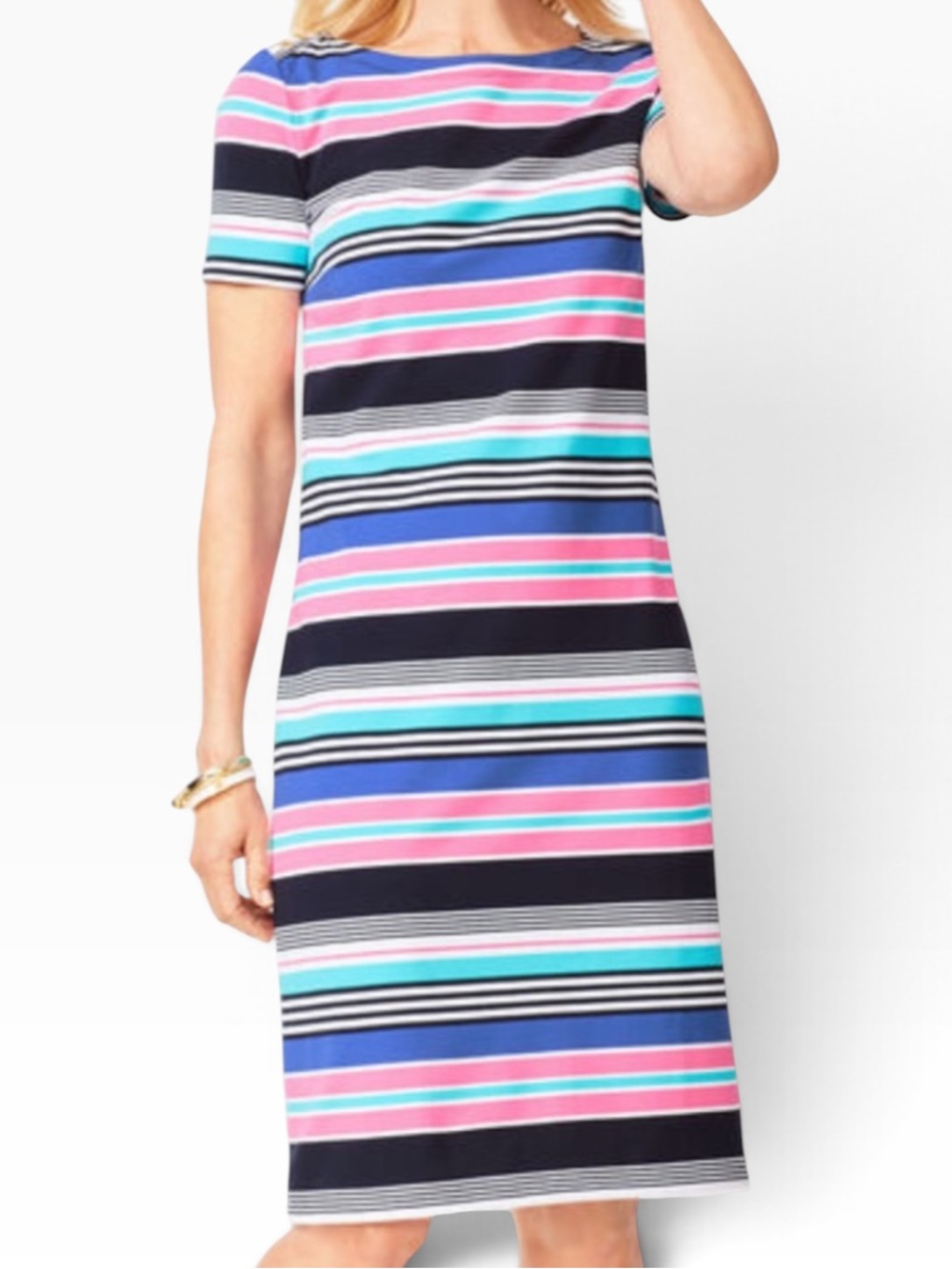 Talbots Multi-Stripe(White/Black/Pink/Blue Teal) Short Sleeve  Shift Dress XL